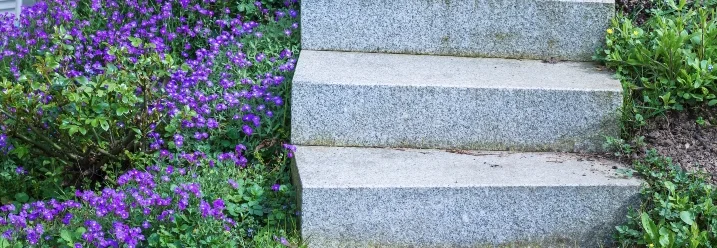 Granittreppe im Garten mit Blumen